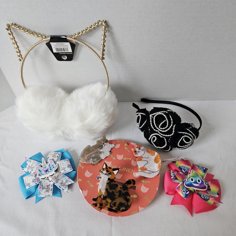 Chic Hair Accessories Lot - Gold and White Cat Ear Headband Ear Muffs Cats Clips